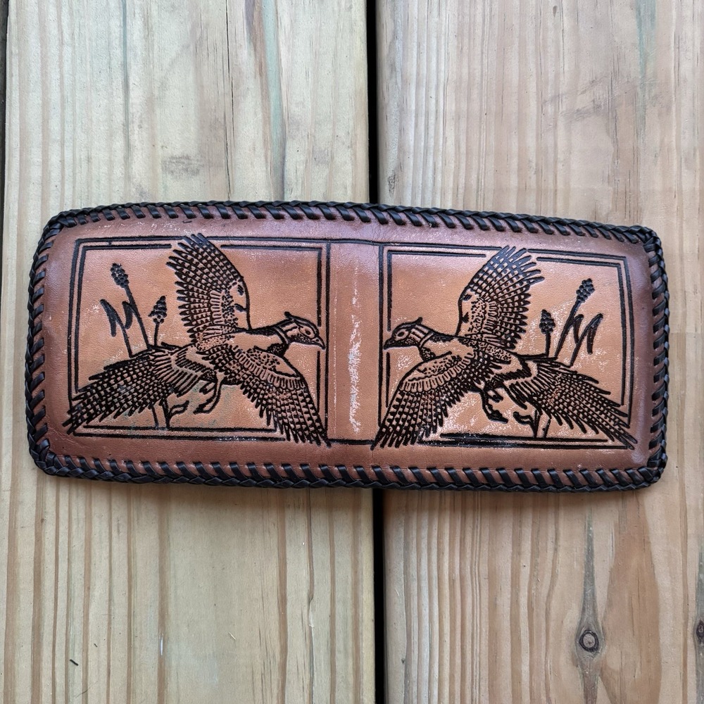Vintage Leather Bi-Fold Wallet Pheasant Hunting  USA Made Whipstitch Hand Tooled